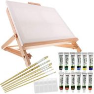 US Art Supply 21-Piece Acrylic Painting Table Easel Set with, 12-Tubes Acrylic Painting Colors, 11x14 Stretched Canvas, 6 Artist Brushes, Plastic Palette with 10 Wells