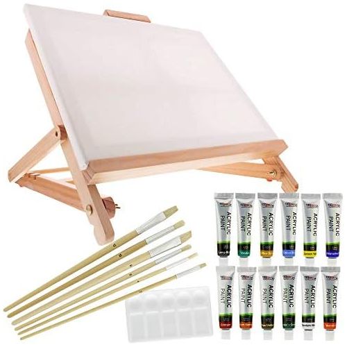  US Art Supply 21-Piece Acrylic Painting Table Easel Set with, 12-Tubes Acrylic Painting Colors, 11x14 Stretched Canvas, 6 Artist Brushes, Plastic Palette with 10 Wells