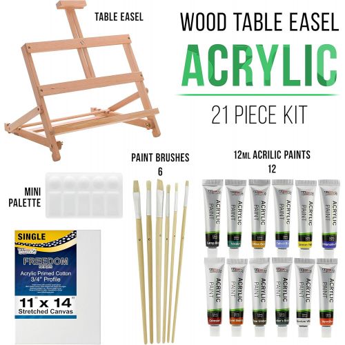  US Art Supply 21-Piece Acrylic Painting Table Easel Set with, 12-Tubes Acrylic Painting Colors, 11x14 Stretched Canvas, 6 Artist Brushes, Plastic Palette with 10 Wells