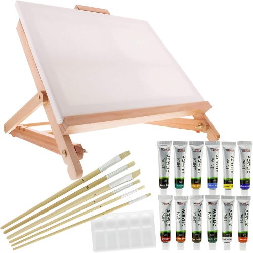  US Art Supply 21-Piece Acrylic Painting Table Easel Set with, 12-Tubes Acrylic Painting Colors, 11x14 Stretched Canvas, 6 Artist Brushes, Plastic Palette with 10 Wells