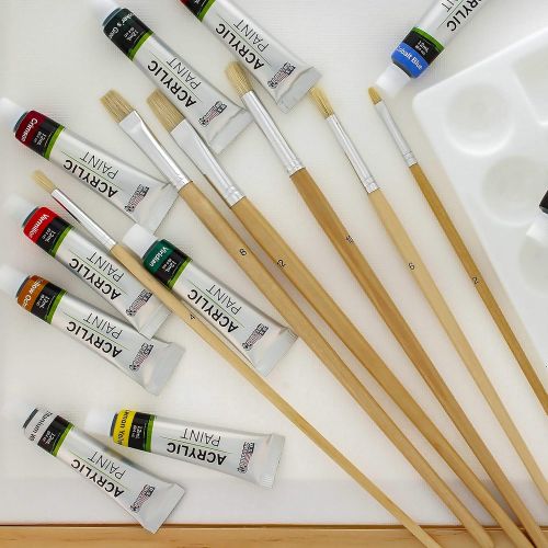  US Art Supply 21-Piece Acrylic Painting Table Easel Set with, 12-Tubes Acrylic Painting Colors, 11x14 Stretched Canvas, 6 Artist Brushes, Plastic Palette with 10 Wells