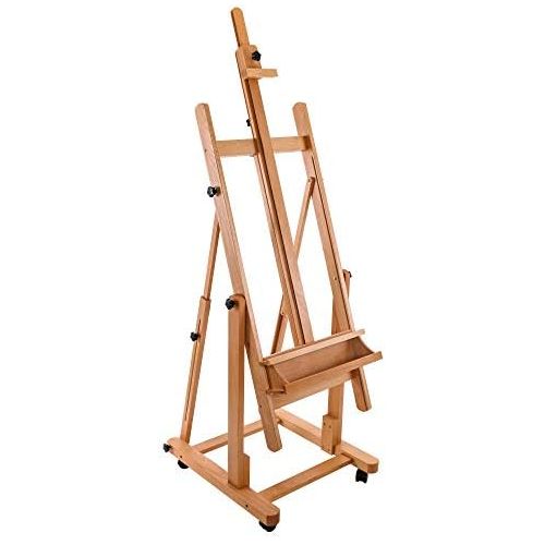  U.S. Art Supply Malibu Heavy Duty Extra Large Adjustable H-Frame Studio Easel with Artist Storage Tray - Tilts Flat, Sturdy Wooden Beech Wood Painting Canvas Holder Stand - Locking