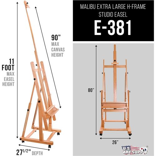  U.S. Art Supply Malibu Heavy Duty Extra Large Adjustable H-Frame Studio Easel with Artist Storage Tray - Tilts Flat, Sturdy Wooden Beech Wood Painting Canvas Holder Stand - Locking