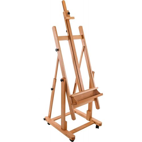  U.S. Art Supply Malibu Heavy Duty Extra Large Adjustable H-Frame Studio Easel with Artist Storage Tray - Tilts Flat, Sturdy Wooden Beech Wood Painting Canvas Holder Stand - Locking