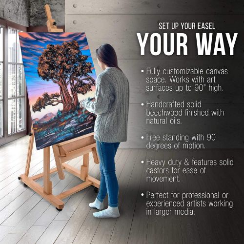  U.S. Art Supply Malibu Heavy Duty Extra Large Adjustable H-Frame Studio Easel with Artist Storage Tray - Tilts Flat, Sturdy Wooden Beech Wood Painting Canvas Holder Stand - Locking