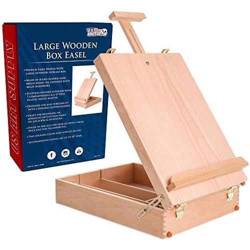  US Art Supply U.S. Art Supply Newport Large Adjustable Wood Table Sketchbox Easel, Paint Palette, Premium Beechwood - Portable Wooden Artist Desktop Case - Store Art Paint, Markers, Sketch Pad -