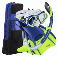U.S. Divers Admiral Snorkeling Set - Premium Silicone Mask, Trek Travel Fins, Dry Top Snorkel + Snorkeling Gear Bag, Neon Blue, Large