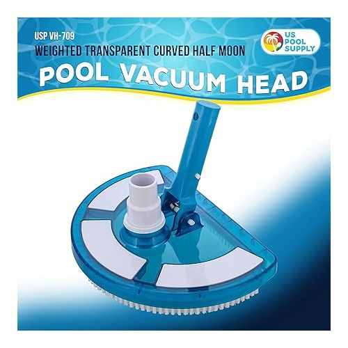  U.S. Pool Supply Weighted Pool Vacuum Head, Transparent Curved Half Moon Body - Swivel Connection, Pole Handle - for Above Ground & Inground Swimming Pools - Vinyl Liner Floor, Wall, Corner Cleaner