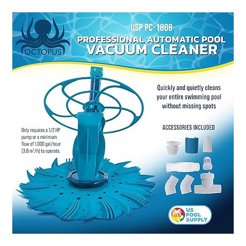  U.S. Pool Supply Octopus Professional Automatic Pool Vacuum Cleaner & Hose Set - Powerful Suction That Removes Swimming Pool Debris, Cleans Floors, Walls, Steps - Quiet Cleaning Side Climbing Sweeper