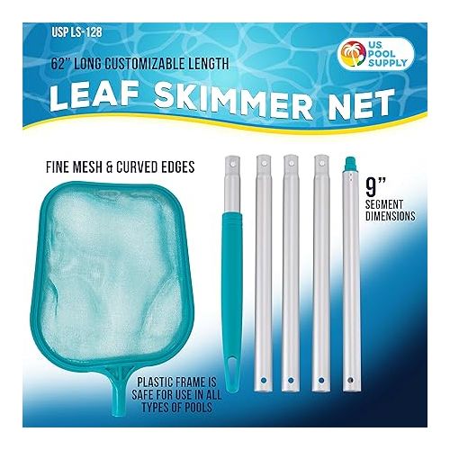  U.S. Pool Supply Swimming Pool 4 Foot Leaf Skimmer Net with 4 Connecting Aluminum Pole Sections - Fine Mesh Netting for Fast Cleaning of Debris - Clean Spas & Ponds