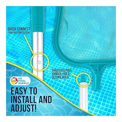  U.S. Pool Supply Swimming Pool 4 Foot Leaf Skimmer Net with 4 Connecting Aluminum Pole Sections - Fine Mesh Netting for Fast Cleaning of Debris - Clean Spas & Ponds