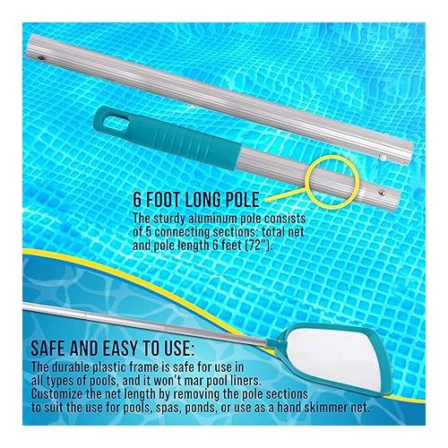  U.S. Pool Supply Professional Swimming Pool 6 Foot Leaf Skimmer Net with 5 Aluminum Pole Sections - Ultra Fine Mesh Netting, Clean Remove Leaves Debris Fast - Pool, Spa, Pond Cleaning Maintenance