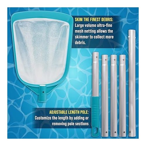  U.S. Pool Supply Professional Swimming Pool 6 Foot Leaf Skimmer Net with 5 Aluminum Pole Sections - Ultra Fine Mesh Netting, Clean Remove Leaves Debris Fast - Pool, Spa, Pond Cleaning Maintenance