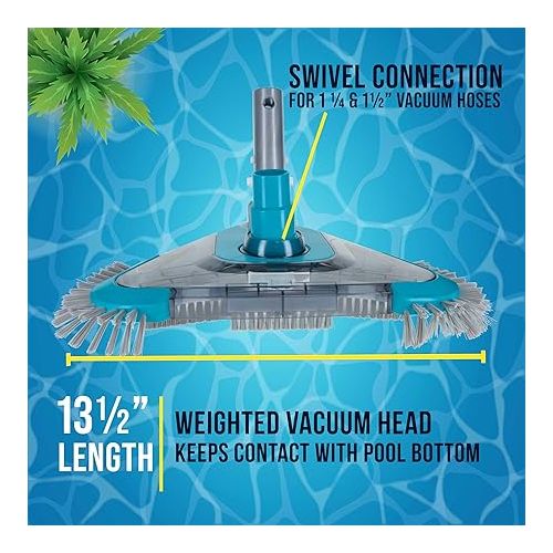  U.S. Pool Supply Premium Triangular Weighted Pool Vacuum Head with Side Brushes, Swivel Connection, EZ Clip Handle - Above Ground & Inground Swimming Pools - Vinyl Liner Floor, Wall, Corner Cleaner