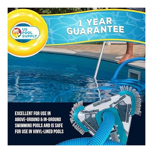  U.S. Pool Supply Premium Triangular Weighted Pool Vacuum Head with Side Brushes, Swivel Connection, EZ Clip Handle - Above Ground & Inground Swimming Pools - Vinyl Liner Floor, Wall, Corner Cleaner