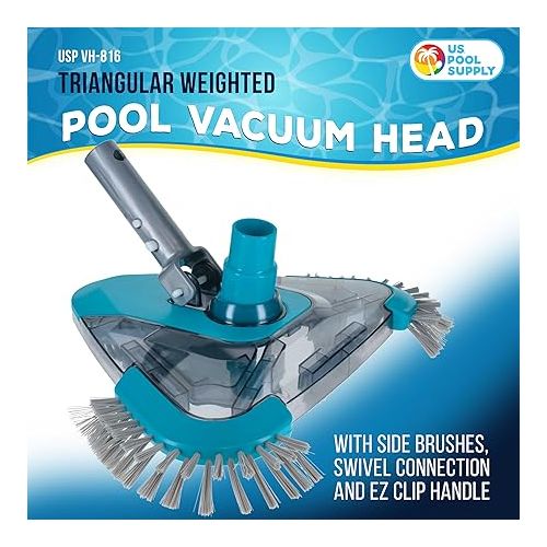  U.S. Pool Supply Premium Triangular Weighted Pool Vacuum Head with Side Brushes, Swivel Connection, EZ Clip Handle - Above Ground & Inground Swimming Pools - Vinyl Liner Floor, Wall, Corner Cleaner