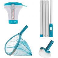 U.S. Pool Supply Professional Heavy Duty Spa, Hot Tub, Pond Cleaning & Maintenance Set - Small Skimmer Net, Deep Fine Mesh Netting, Spa Scrubbing Brush, 4 Ft Pole, Floating Chlorine Chemical Dispenser