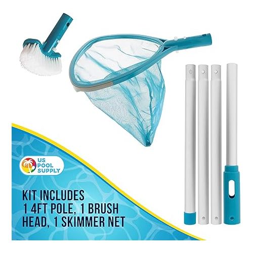  U.S. Pool Supply Professional Heavy Duty Spa, Hot Tub, Pond Cleaning & Maintenance Set - Small Skimmer Net, Deep Fine Mesh Netting, Spa Scrubbing Brush, 4 Ft Pole, Floating Chlorine Chemical Dispenser