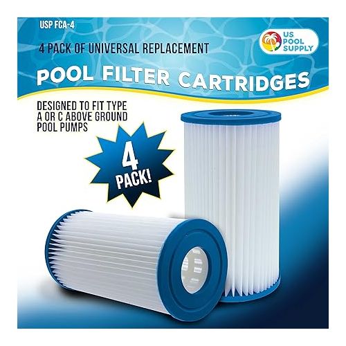  U.S. Pool Supply 4 Pack of Universal Replacement Filter Cartridges, Type A or C - Compatible with Above Ground Swimming Pool Pumps Using Type A or C Filters - Provides Premium Clean Water Filtration