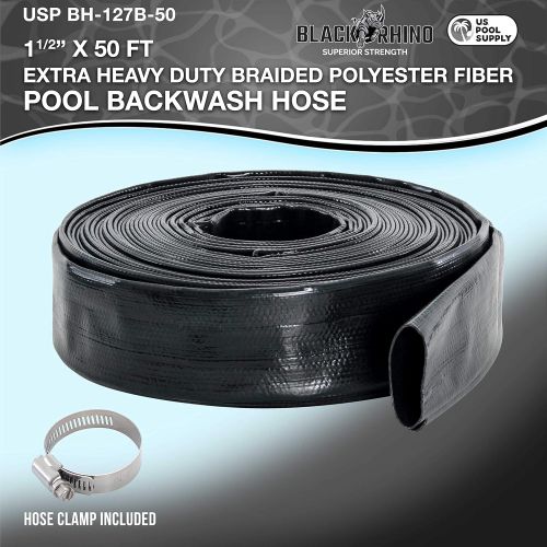  U.S. Pool Supply Black Rhino 1-1/2 x 50 Pool Backwash Hose with Hose Clamp - Extra Heavy Duty Superior Strength, Thick 1.2mm (47mils) - Weather Burst Resistant - Drain Clean Swimmi