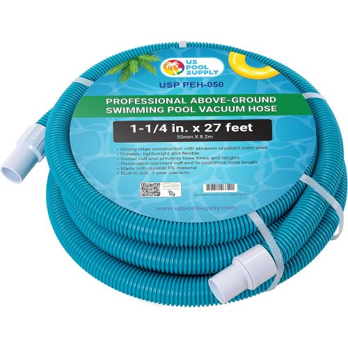  U.S. Pool Supply 1-1/4 x 27 Foot Professional Above Ground Swimming Pool Vacuum Hose with Swivel Cuff - Removable Cuff, Cut to Fit - Compatible with Filter Pumps, Filtration System