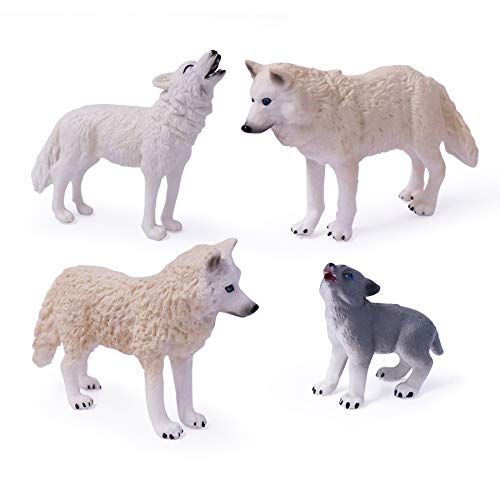  UANDME 4pcs Wolf Toy Figurines Set Arctic Wolf Animal Figures White Wolf Family Cake Topper Toy Gift for Kids (White)