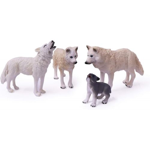  UANDME 4pcs Wolf Toy Figurines Set Arctic Wolf Animal Figures White Wolf Family Cake Topper Toy Gift for Kids (White)