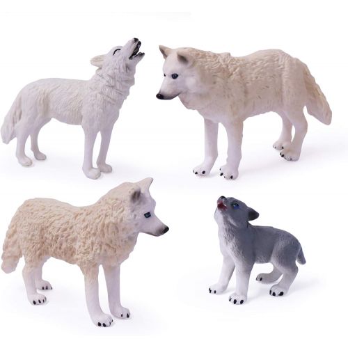  UANDME 4pcs Wolf Toy Figurines Set Arctic Wolf Animal Figures White Wolf Family Cake Topper Toy Gift for Kids (White)