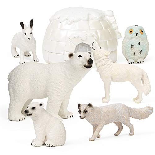  UANDME 7Pcs Polar Animals Figurines with Igloo for Kids Realistic Arctic Animal Figures Toy Playset Includes Polar Bear, Snowy Owl, Wolf, Rabbit, Arctic Fox Cake Topper Birthday Toy Gift