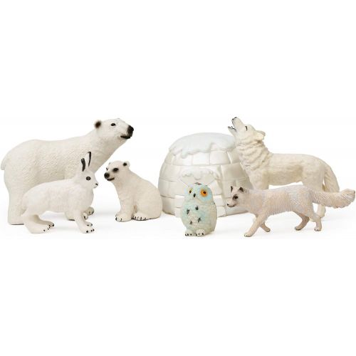  UANDME 7Pcs Polar Animals Figurines with Igloo for Kids Realistic Arctic Animal Figures Toy Playset Includes Polar Bear, Snowy Owl, Wolf, Rabbit, Arctic Fox Cake Topper Birthday Toy Gift