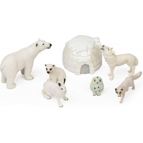  UANDME 7Pcs Polar Animals Figurines with Igloo for Kids Realistic Arctic Animal Figures Toy Playset Includes Polar Bear, Snowy Owl, Wolf, Rabbit, Arctic Fox Cake Topper Birthday Toy Gift