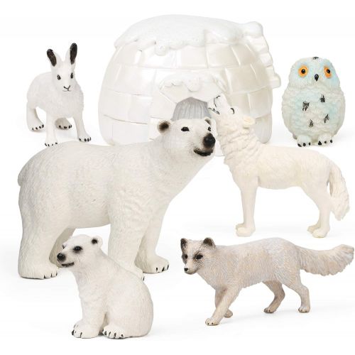  UANDME 7Pcs Polar Animals Figurines with Igloo for Kids Realistic Arctic Animal Figures Toy Playset Includes Polar Bear, Snowy Owl, Wolf, Rabbit, Arctic Fox Cake Topper Birthday Toy Gift