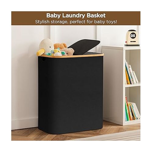  Laundry Hamper with Lid, 145L Large Laundry Hamper with Handle and Lid, 2 Section Collapsible Laundry Basket Dorm Room Storage for Bedroom, Bathroom, College Black