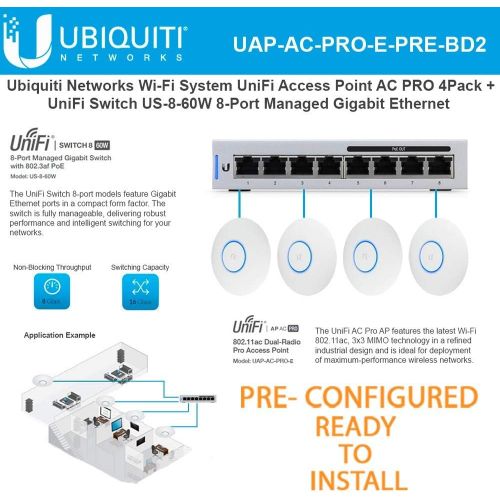  UBNT Systems UniFi AC PRO Wireless Access Point PRE-CONFIGURED (4-Pack) Wi-Fi 802.11ac Dual-Radio 3X3 MIMO with UniFi Switch 8 US-8-60W 8-Port Managed