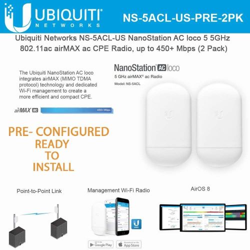  UBNT Systems NanoStation AC loco 5 NS-5ACL-US PRE CONFIGURED 5GHz 802.11ac Airmax ac CPE Radio 450+ Mbps Wireless Access Point (2 Pack)