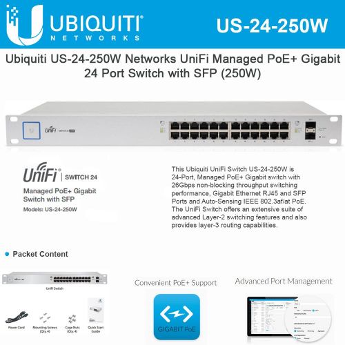  UBNT Systems UniFi Switch PoE 24 US-24-250W 24-Port Managed PoE+ Gigabit Switch with SFP
