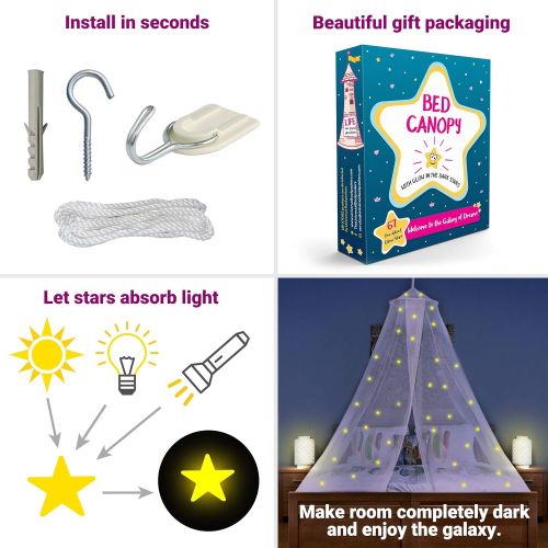  [아마존베스트]UB-STORE Canopy for Girls Bed with Pre-Glued Glow in the Dark Stars - Princess Mosquito Net Room Decor - Kids & Baby Bedroom Tent with Galaxy Lights - 1 Opening Canopy Bed & Hanging Kit Inc