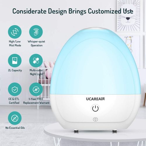  UCAREAIR Cool Mist Humidifier  Humidifier for Bedroom, Quiet Mist Humidifier, 7 LED Color for Night Light,High Low Mist, Waterless Auto-off, Baby Kids Nursery, 2L Tank, Filterless Humidifi