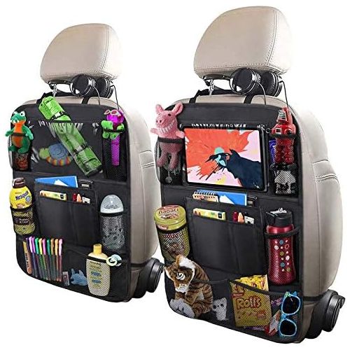 ULEEKA Car Backseat Organizer with 10 Table Holder, 9 Storage Pockets Seat Back Protectors Kick Mats for Kids Toddlers, Travel Accessories, Black, 2 Pack
