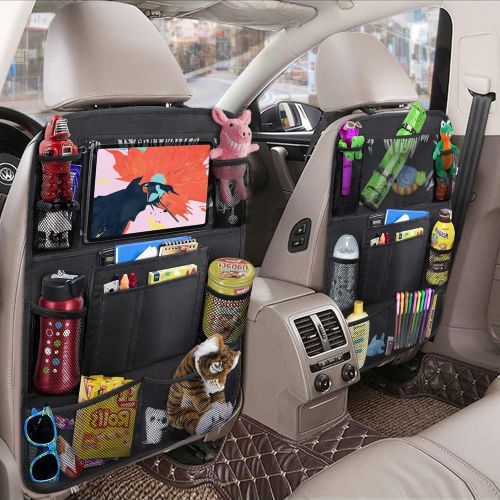  ULEEKA Car Backseat Organizer with 10 Table Holder, 9 Storage Pockets Seat Back Protectors Kick Mats for Kids Toddlers, Travel Accessories, Black, 2 Pack