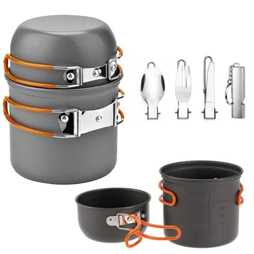  U/D Free Bonus! Outdoor Camping Hiking and Picnic Cookware Mess Kit, Aluminum Lightweight Folding Camping Pots with Mini Stove for Backpacking