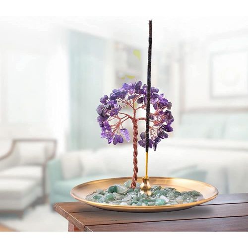  인센스스틱 U/D Incense Holder for Sticks, Healing Crystal Stone Money Tree Incense Burner, Ash Catcher for Yoga, Meditation and Home Decor (Purple)