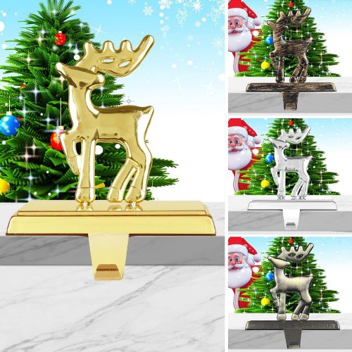  U/D Christmas Stocking Holders for Mantle Fireplace 5.31 Gilded-Bronze Reindeer Stand Hanger Sturdy Metal Christmas Decorations
