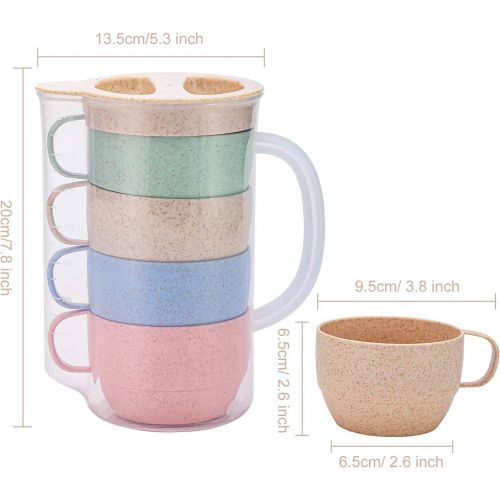  UDOIT Unbreakable Wheat Straw Kettle Set with 4 Multicolor Cups for Kids Children Toddler Adult, Lightweight Natural Reusable Drinking Mugs Pitcher Jug for Coffee, Tea, Water, Milk
