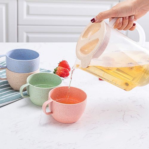  UDOIT Unbreakable Wheat Straw Kettle Set with 4 Multicolor Cups for Kids Children Toddler Adult, Lightweight Natural Reusable Drinking Mugs Pitcher Jug for Coffee, Tea, Water, Milk