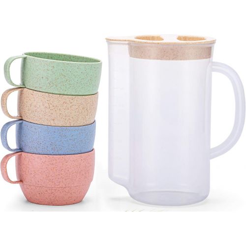  UDOIT Unbreakable Wheat Straw Kettle Set with 4 Multicolor Cups for Kids Children Toddler Adult, Lightweight Natural Reusable Drinking Mugs Pitcher Jug for Coffee, Tea, Water, Milk