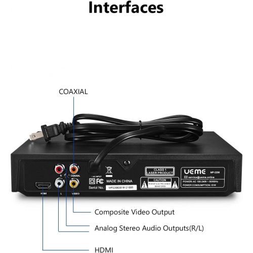  [아마존베스트]UEME DVD Players for TV with HDMI/AV/Coaxial Output, USB Input Port, Include Remote Control/ HDMI Cable/ RCA Cable, Supports PAL/NTSC, Compact Multi Region DVD/SVCD/CD Disc Player