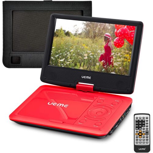  UEME Portable DVD CD Player with 9 Inches Screen, Car Headrest Mount Holder, Remote Control, Built in Rechargeable Battery, Wall Charger, Car Charger, Personal DVD Players (Red)