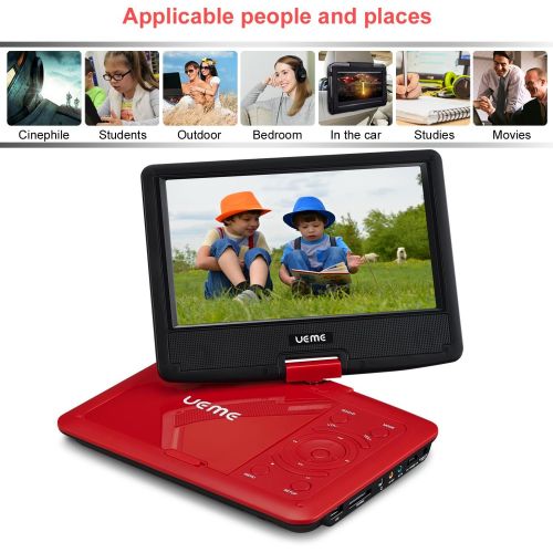  UEME Portable DVD CD Player with 9 Inches Screen, Car Headrest Mount Holder, Remote Control, Built in Rechargeable Battery, Wall Charger, Car Charger, Personal DVD Players (Red)