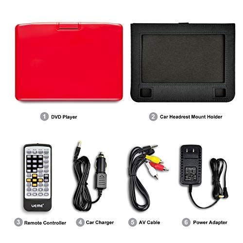  UEME Portable DVD CD Player with 9 Inches Screen, Car Headrest Mount Holder, Remote Control, Built in Rechargeable Battery, Wall Charger, Car Charger, Personal DVD Players (Red)